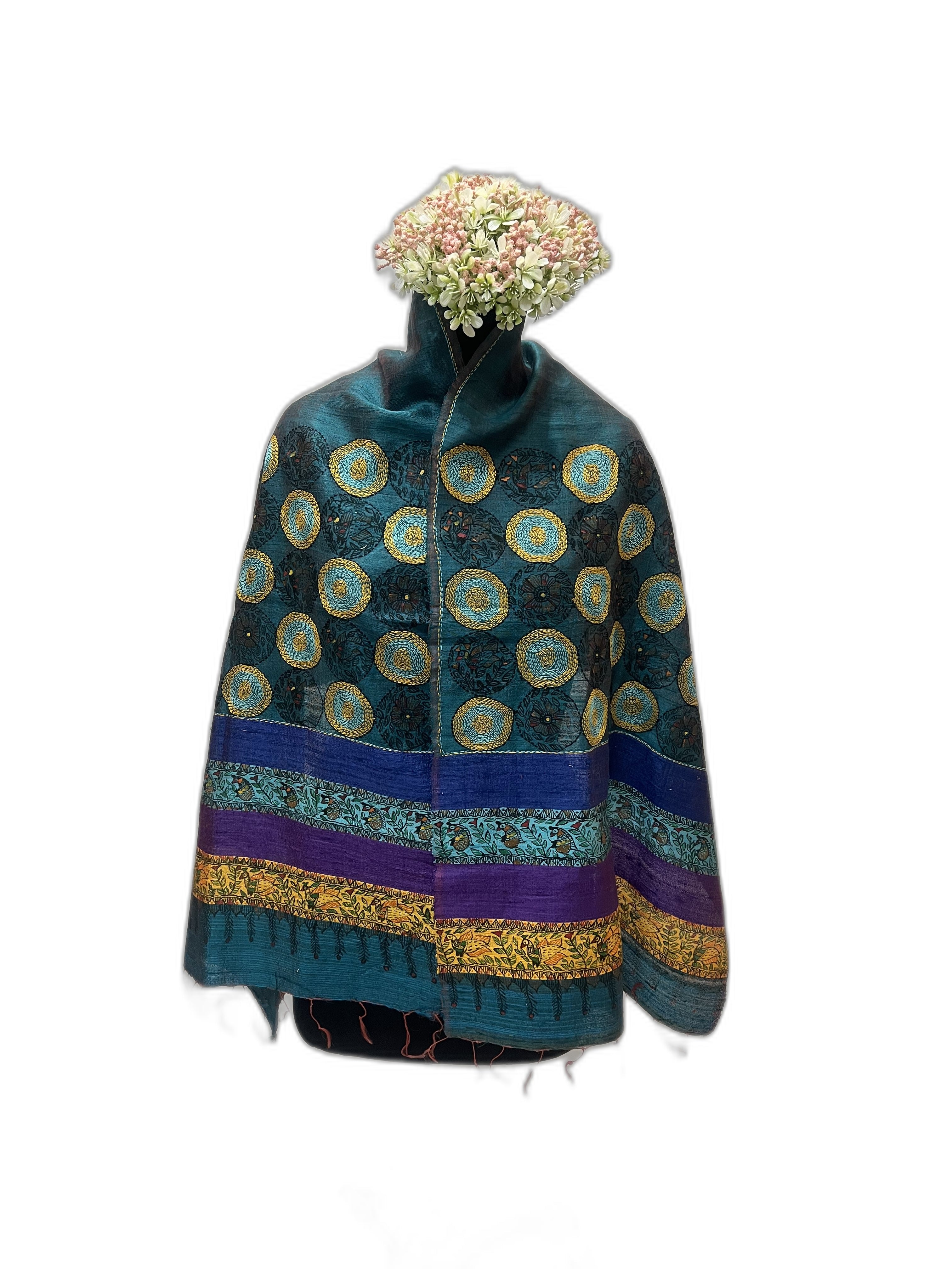 Dupion Silk Stole in Peacock Blue with Handpainted Madhubani and Sujani
